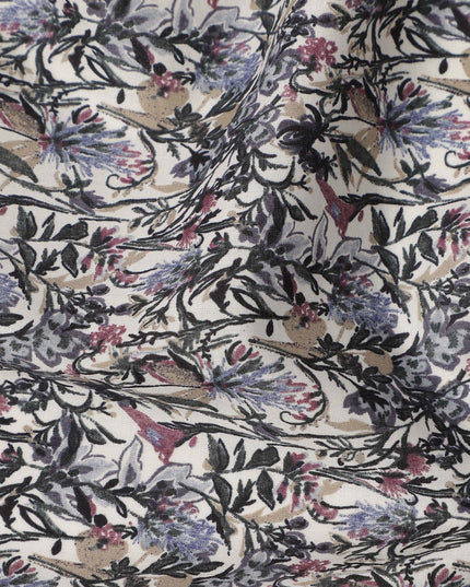 Cream Purple Grey Floral Print Cotton Lawn Fabric – Artistic Botanical Motif, 110 cm Width, Made in Japan-D26831