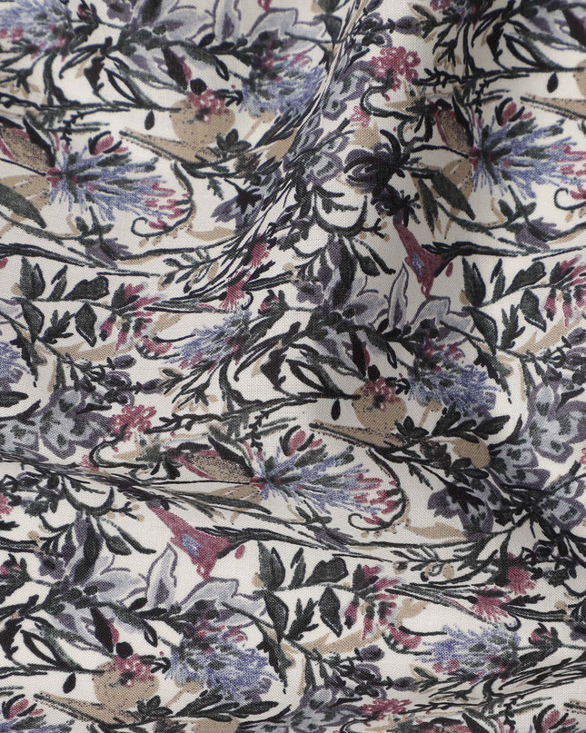 Cream Purple Grey Floral Print Cotton Lawn Fabric – Artistic Botanical Motif, 110 cm Width, Made in Japan-D26831
