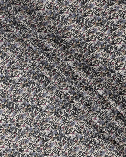 Cream Purple Grey Floral Print Cotton Lawn Fabric – Artistic Botanical Motif, 110 cm Width, Made in Japan-D26831