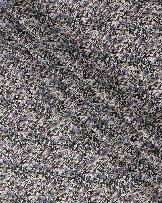 Cream Purple Grey Floral Print Cotton Lawn Fabric – Artistic Botanical Motif, 110 cm Width, Made in Japan-D26831