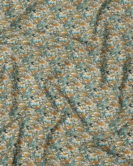 Cream Teal Multicolor Floral Print Cotton Lawn Fabric – Artistic Botanical Design, 110 cm Width, Made in Japan-D26830