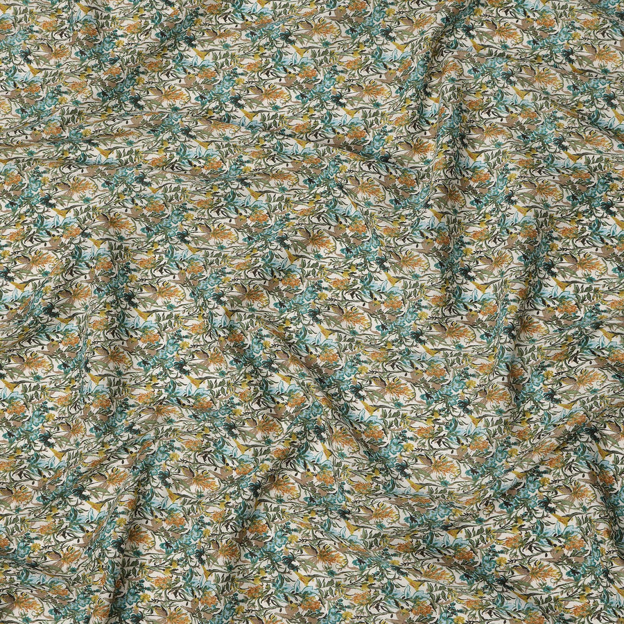 Cream Teal Multicolor Floral Print Cotton Lawn Fabric – Artistic Botanical Design, 110 cm Width, Made in Japan-D26830