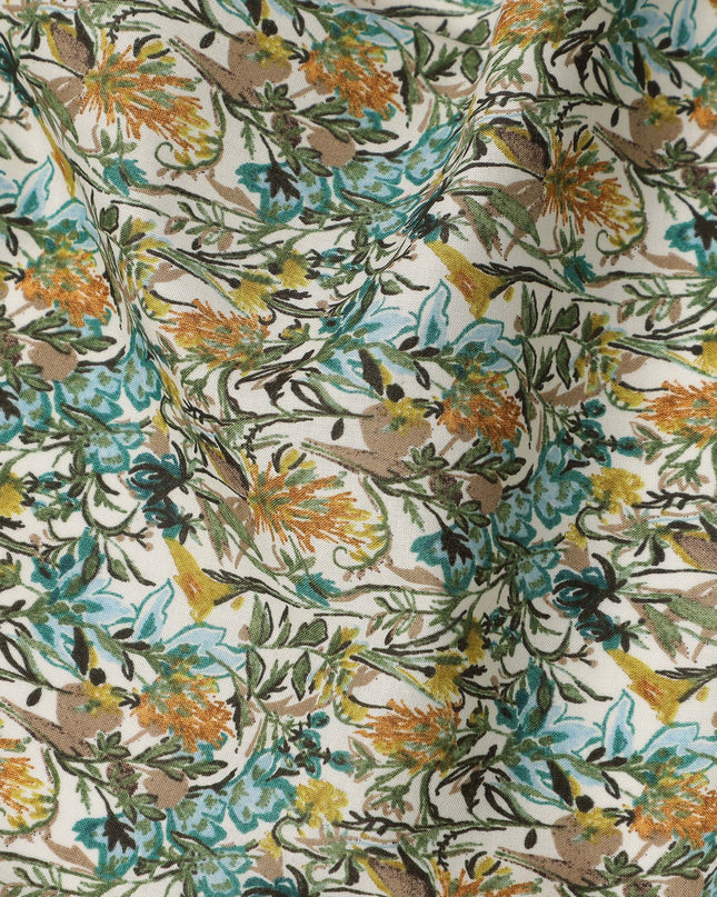 Cream Teal Multicolor Floral Print Cotton Lawn Fabric – Artistic Botanical Design, 110 cm Width, Made in Japan-D26830