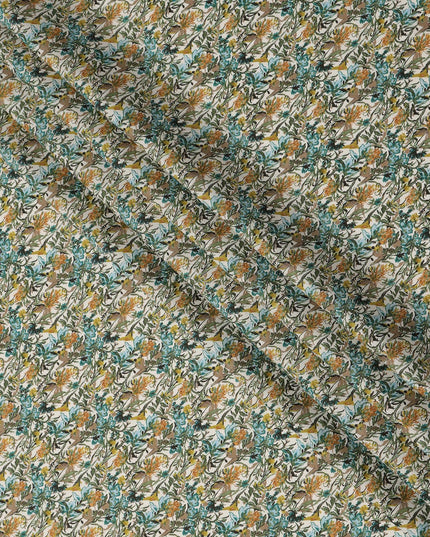 Cream Teal Multicolor Floral Print Cotton Lawn Fabric – Artistic Botanical Design, 110 cm Width, Made in Japan-D26830