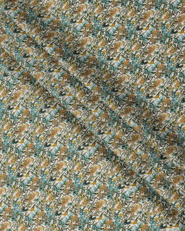 Cream Teal Multicolor Floral Print Cotton Lawn Fabric – Artistic Botanical Design, 110 cm Width, Made in Japan-D26830