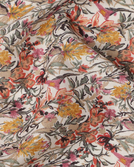 Cream Multicolor Abstract Floral Print Cotton Lawn Fabric – Artistic Botanical Design, 110 cm Width, Made in Japan-D26829