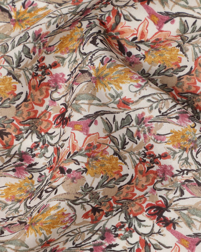 Cream Multicolor Abstract Floral Print Cotton Lawn Fabric – Artistic Botanical Design, 110 cm Width, Made in Japan-D26829