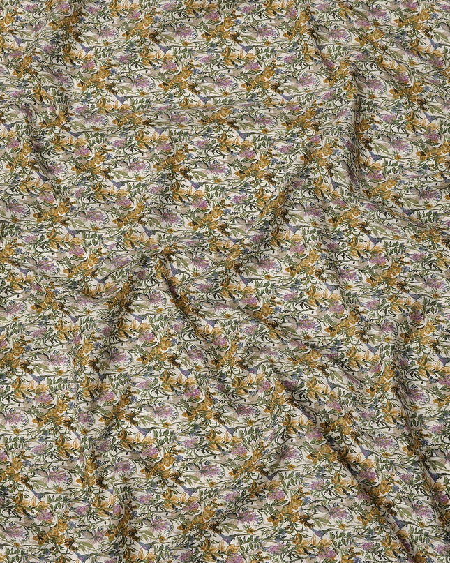 Cream Multicolor Floral Print Cotton Lawn Fabric – Artistic Botanical Design, 110 cm Width, Made in Japan-D26828