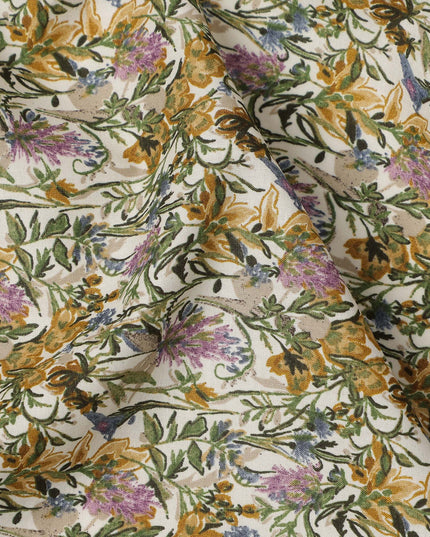 Cream Multicolor Floral Print Cotton Lawn Fabric – Artistic Botanical Design, 110 cm Width, Made in Japan-D26828