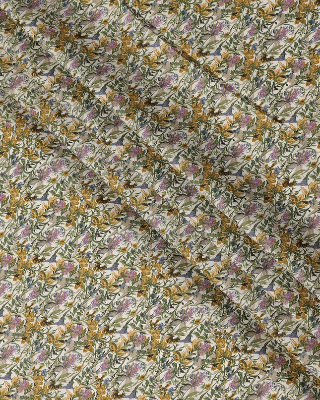 Cream Multicolor Floral Print Cotton Lawn Fabric – Artistic Botanical Design, 110 cm Width, Made in Japan-D26828