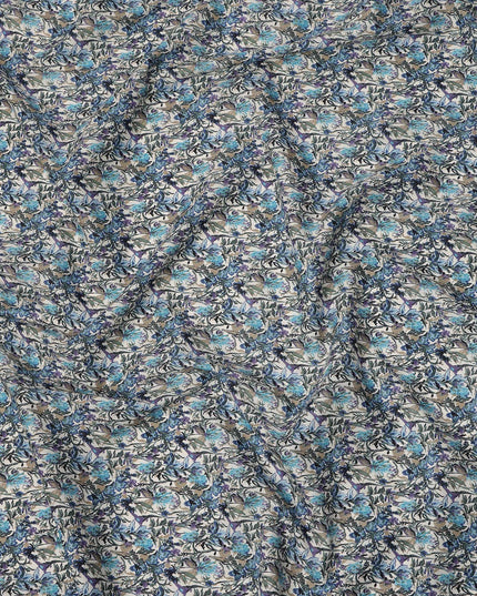 Cream Blue Multicolor Floral Print Cotton Lawn Fabric – Artistic Botanical Design, 110 cm Width, Made in Japan-D26832