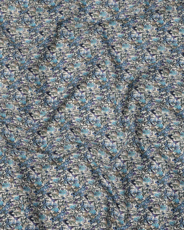 Cream Blue Multicolor Floral Print Cotton Lawn Fabric – Artistic Botanical Design, 110 cm Width, Made in Japan-D26832