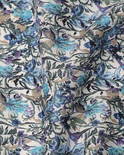 Cream Blue Multicolor Floral Print Cotton Lawn Fabric – Artistic Botanical Design, 110 cm Width, Made in Japan-D26832
