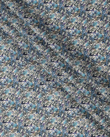 Cream Blue Multicolor Floral Print Cotton Lawn Fabric – Artistic Botanical Design, 110 cm Width, Made in Japan-D26832
