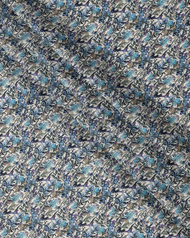 Cream Blue Multicolor Floral Print Cotton Lawn Fabric – Artistic Botanical Design, 110 cm Width, Made in Japan-D26832