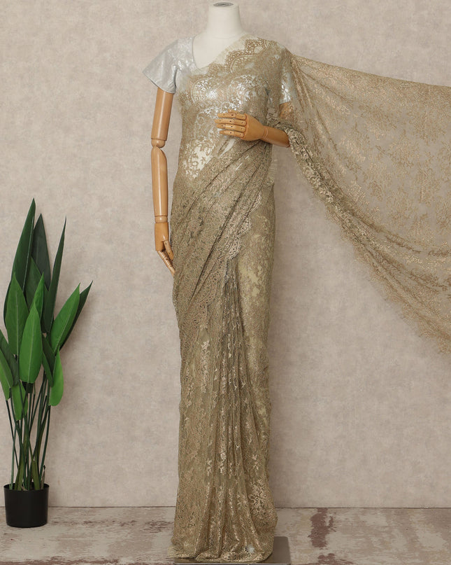 Olive Gold Premium French Metallic Chantilly Saree Lace Fabric 5.5 Meters Length 110 Cms Width Imported From France Elegant Designer Lace Blouse Not Included-D27362