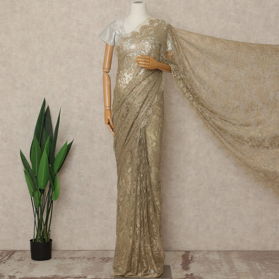 Olive Gold Premium French Metallic Chantilly Saree Lace Fabric 5.5 Meters Length 110 Cms Width Imported From France Elegant Designer Lace Blouse Not Included-D27362