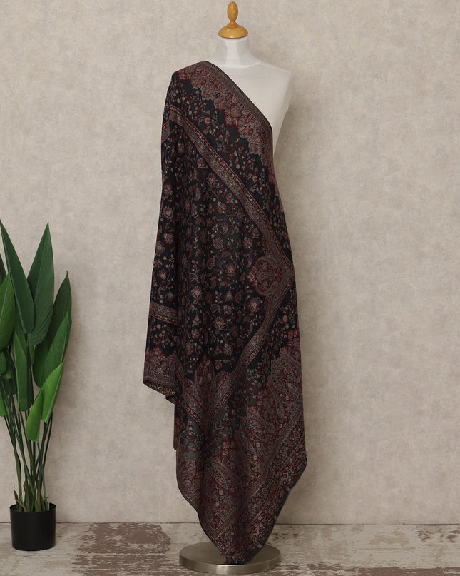Deep Maroon Black Printed Premium Kashmiri Pashmina Shawl 225X80 CMS Width, India-D26995