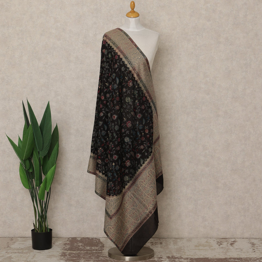 Black Floral Premium Kashmiri Pashmina Shawl 225X80 CMS Width, India-D26990 - Regal Fabrics