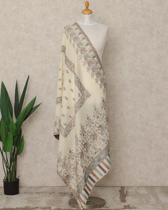 Ivory Cream Printed Premium Kashmiri Pashmina Shawl 225X110 Cms, Made in India-D27097 Regal Fabrics