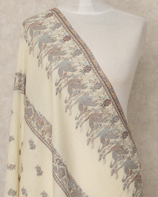 Ivory Cream Printed Premium Kashmiri Pashmina Shawl 225X110 Cms, Made in India-D27097 Regal Fabrics