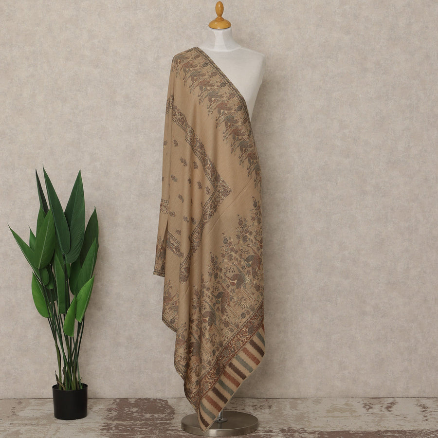 Beige Brown Printed Premium Kashmiri Pashmina Shawl 225X80 CMS Width, India-D27000