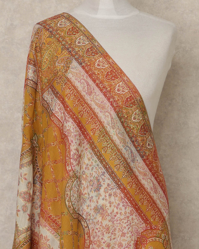 Mustard Yellow Multicolor Printed Premium Kashmiri Pashmina Shawl 225X80 CMS Width, India-D26994