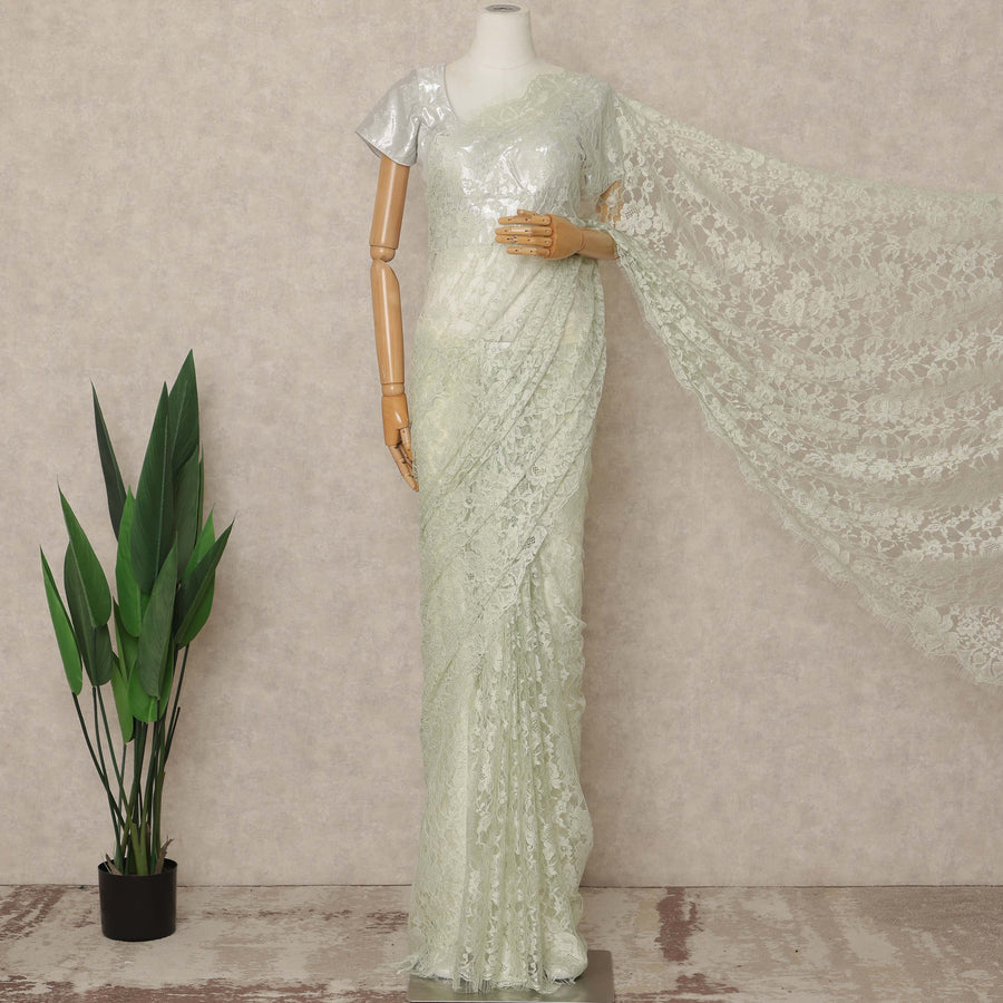 Mint Green Premium French 2 Tone Chantilly Saree Lace 5.5 Mtrs Length 110 Cms Width Designer Net Fabric Made In France, Blouse Not Included-D28118