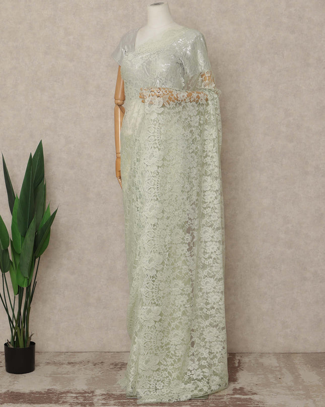 Mint Green Premium French 2 Tone Chantilly Saree Lace 5.5 Mtrs Length 110 Cms Width Designer Net Fabric Made In France, Blouse Not Included-D28118