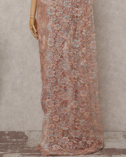 Peach Coral French Chantilly Lace Saree 5.5m