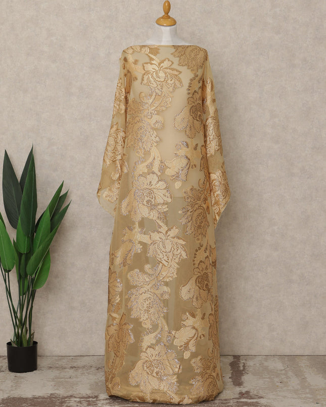 Beige Gold Fransawi Traditional Somali Premium Silk Chiffon Dirac Fabric with metallic lurex 3.5 Mtrs X 140 Cms, France-D27124