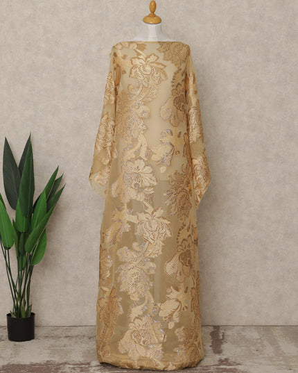 Beige Gold Floral Traditional Somali Premium Fransawi Silk Chiffon Dirac Fabric With Metallic Lurex 3.5 Mtrs 140 Cms Width France-D28034