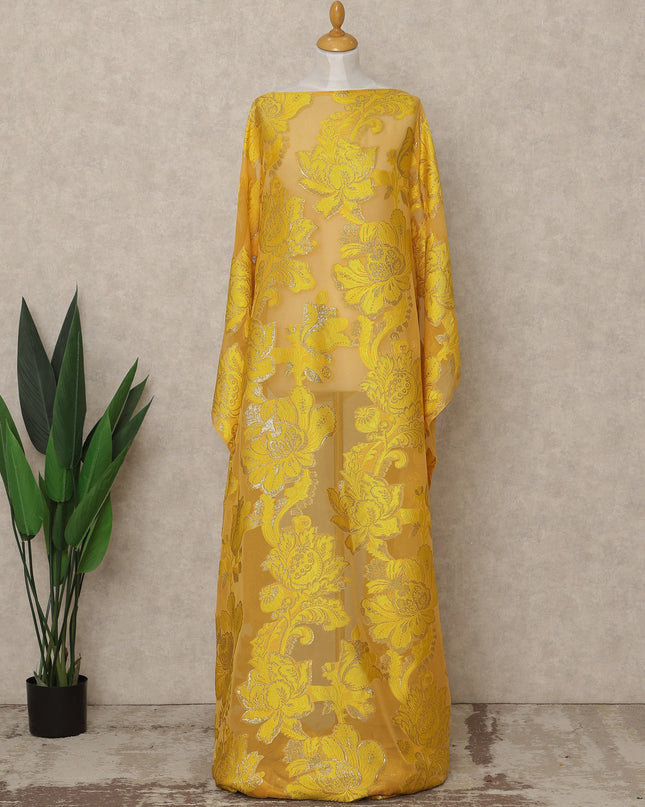 Mustard Yellow Fransawi Traditional Somali Premium Silk Chiffon Dirac Fabric with metallic lurex 3.5 Mtrs X 140 Cms, France-D27125