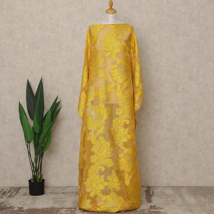 Mustard Yellow Fransawi Traditional Somali Premium Silk Chiffon Dirac Fabric with metallic lurex 3.5 Mtrs X 140 Cms, France-D27125
