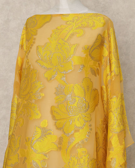 Mustard Yellow Floral Traditional Somali Premium Fransawi Silk Chiffon Dirac Fabric With Metallic Lurex 3.5 Mtrs 140 Cms Width France-D28033