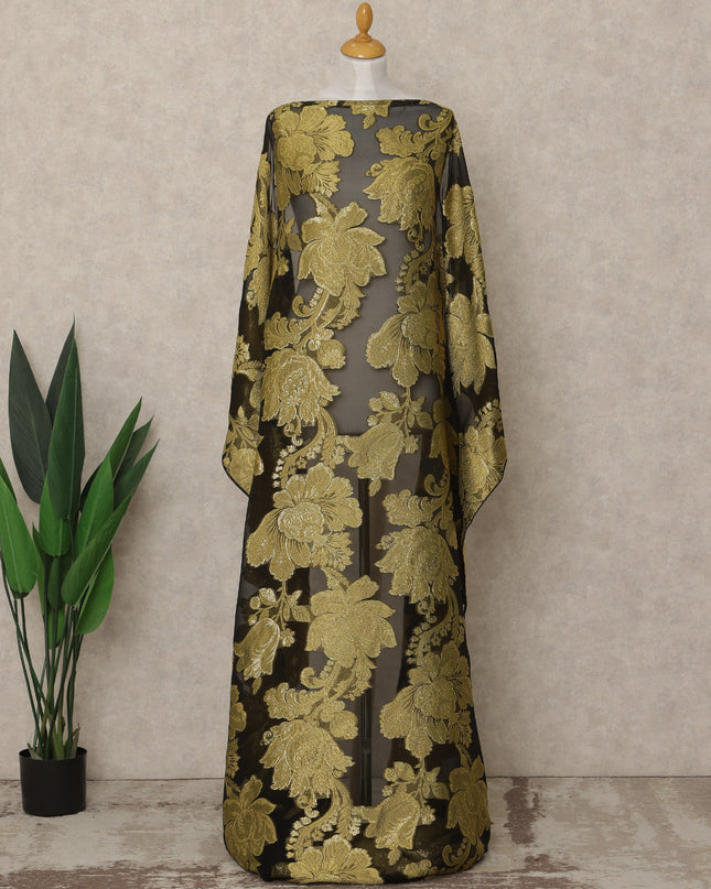Black Gold Floral Traditional Somali Premium Fransawi Silk Chiffon Dirac Fabric With Metallic Lurex 3.5 Mtrs 140 Cms Width France-D28032