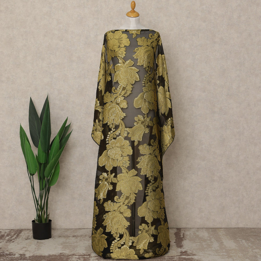 Black Fransawi Traditional Somali Premium Silk Chiffon Dirac Fabric with metallic lurex 3.5 Mtrs X 140 Cms, France-D27123