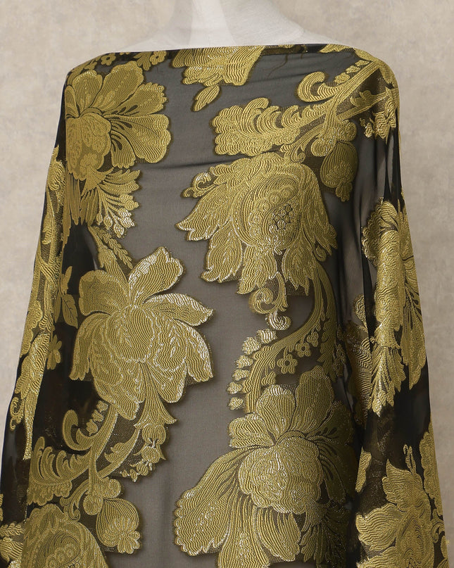 Black Gold Floral Traditional Somali Premium Fransawi Silk Chiffon Dirac Fabric With Metallic Lurex 3.5 Mtrs 140 Cms Width France-D28032