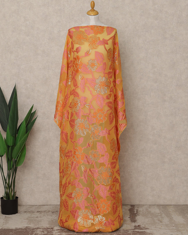 Mustard Orange Pink Floral Traditional Somali Silk Chiffon Dirac Fabric With Metallic Lurex Premium Fransawi 3.5 Mtrs 140 Cms Width France-D28035