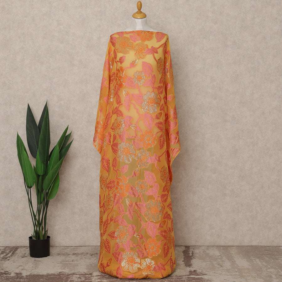 Mustard Orange Pink Floral Traditional Somali Silk Chiffon Dirac Fabric With Metallic Lurex Premium Fransawi 3.5 Mtrs 140 Cms Width France-D28035 - Regal Fabrics