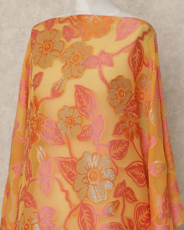 Mustard Orange Pink Floral Traditional Somali Silk Chiffon Dirac Fabric With Metallic Lurex Premium Fransawi 3.5 Mtrs 140 Cms Width France-D28035