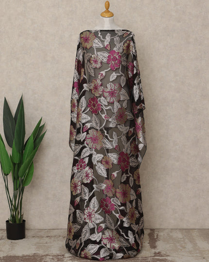 Black Pink Floral Traditional Somali Premium Fransawi Silk Chiffon Dirac Fabric With Metallic Lurex 3.5 Mtrs 140 Cms Width France-D28036