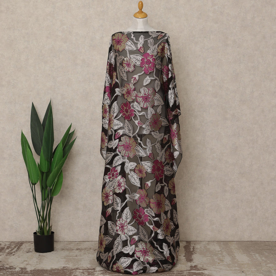 Black Fransawi Traditional Somali Premium Silk Chiffon Dirac Fabric with metallic lurex 3.5 Mtrs X 140 Cms, France-D27122