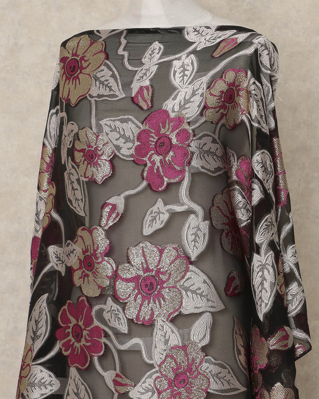 Black Fransawi Traditional Somali Premium Silk Chiffon Dirac Fabric with metallic lurex 3.5 Mtrs X 140 Cms, France-D27122