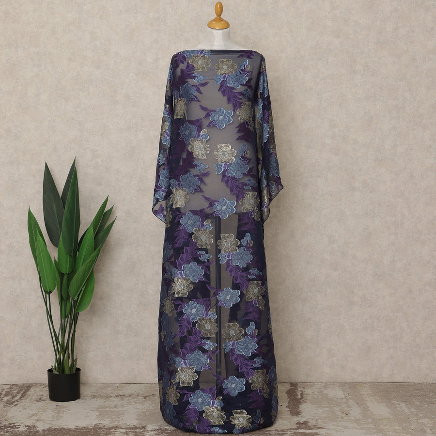 Navy Blue Fransawi Traditional Somali Premium Silk Chiffon Dirac Fabric with metallic lurex 3.5 Mtrs X 140 Cms, France-D27121