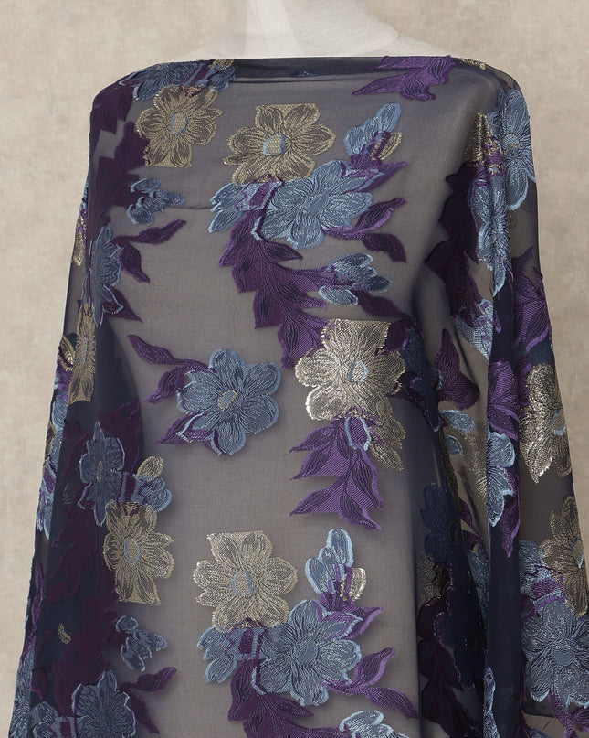 Navy Blue Fransawi Traditional Somali Premium Silk Chiffon Dirac Fabric with metallic lurex 3.5 Mtrs X 140 Cms, France-D27121
