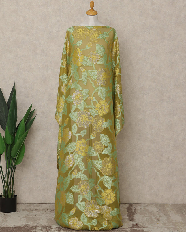 Olive Green Fransawi Traditional Somali Premium Silk Chiffon Dirac Fabric with metallic lurex 3.5 Mtrs X 140 Cms, France-D27120 Regal Fabrics