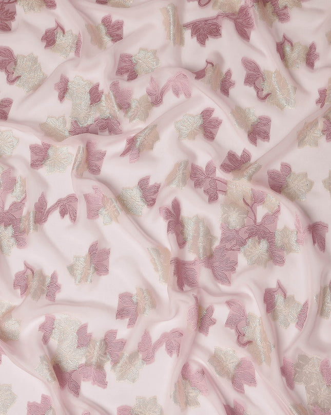 Blush Pink Premium Pure French Silk Chiffon Fabric With Gold And Rose Floral Woven Design 110 Cms Width From France-D27237