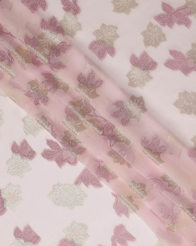 Blush Pink Premium Pure French Silk Chiffon Fabric With Gold And Rose Floral Woven Design 110 Cms Width From France-D27237