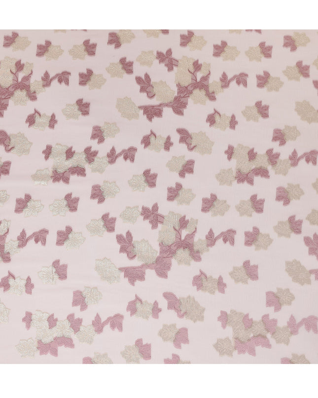 Blush Pink Premium Pure French Silk Chiffon Fabric With Gold And Rose Floral Woven Design 110 Cms Width From France-D27237